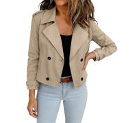 Womens Cropped Trench Coat Lapel Neck Button-Down Oversized Casual Jackets with Pockets Classic Double Breasted Short Jacket Button Down Peacoat Overcoat Outerwear Smart Wear (Khaki, M)