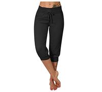 Womens Cropped Trousers 3/4 Length Sport Drawstring Elasticated Waist Half Pants Stretch Jogger Sweatpants Casual Jogging Yoga Capris Summer Three Quarter Bottoms with Pockets Black