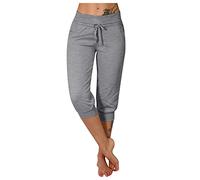 Womens Cropped Trousers 3/4 Length Sport Drawstring Elasticated Waist Half Pants Stretch Jogger Sweatpants Casual Jogging Yoga Capris Summer Three Quarter Bottoms with Pockets Grey