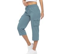 Womens Cropped Trousers Casual Cargo Shorts Drawstring Elastic Walking Shorts High Waisted Hiking Capri Pants Ladies Summer Outdoor Combat Shorts for Work Travel Golf Light Blue