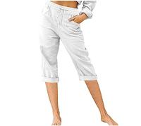 Womens Cropped Trousers Cotton Linen Half Pants Elasticated Waist Capri Pants High Waist Trousers with Pocket Ladies Solid Baggy Harme Trousers Casual Summer Trousers Calf-Length Pants White