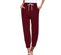 Womens Cropped Trousers Drawstring Elastic Waist Petite Joggers for Women Straight Leg Solid Color Casual Sweatpants with Pockets Athletic Travel Capri Trousers Lightweight Lounge Pants Wine