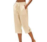 Womens Cropped Trousers Elasticated High Waist Relax Fit Cotton Linen Ladies 3/4 Length Capri Pants Straight Wide Leg Trousers Casual Everyday Soft Lightweight Plain Three Quarter Pants