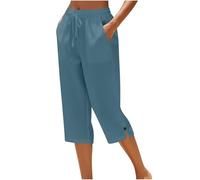 Womens Cropped Trousers Elasticated High Waist Relax Fit Cotton Linen Ladies 3/4 Length Capri Pants Straight Wide Leg Trousers Casual Everyday Soft Lightweight Plain Three Quarter Pants