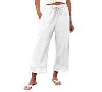 Womens Cropped Trousers Elasticated Waist UK Petite Wide Leg Ladies Casual Summer Cotton Linen Lounge Beach Pants Slcaks Comfy Flowy Boho Travel Ruffle Hem Palazzo Trousers Culottes with Pockets
