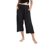 Womens Cropped Trousers Loose Fit Wide Leg Pants with Pockets Cotton Capris Comfy Lounge Pajama Bottoms Casual Summer Yoga Pants Black