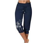 Womens Cropped Trousers Lounge Pants Elasticated Waist Capri Pants High Waist Running Jogging Bottoms 3/4 Length Sweatpants Ladies Solid Casual Summer Trousers Calf-Length Pants Plus Size 8-22 Navy