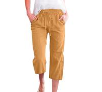 Women's Cropped Trousers Solid Color 3/4 Length Elastic Waist Lounge Pants Comfy Soft Cotton Linen Crop Trouser Three Quarter Loose Casual Capri for Ladies UK n11 Orange