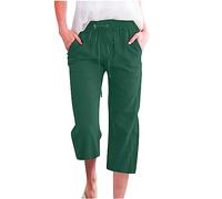 Women's Cropped Trousers Solid Color 3/4 Length Elastic Waist Lounge Pants Comfy Soft Cotton Linen Crop Trouser Three Quarter Length Loose Casual Capri Pants for Ladies UK