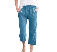Women's Cropped Trousers Solid Color 3/4 Length Elastic Waist Lounge Pants Comfy Soft Cotton Linen Crop Trouser Three Quarter Length Loose Casual Capri Pants for Ladies UK