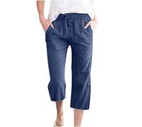 Women's Cropped Trousers Solid Color 3/4 Length Elastic Waist Lounge Pants Comfy Soft Cotton Linen Crop Trouser Three Quarter Length Loose Casual Capri Pants for Ladies UK