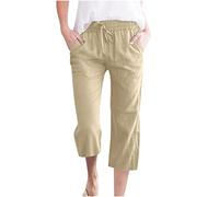 Women's Cropped Trousers Solid Color 3/4 Length Elastic Waist Lounge Pants Comfy Soft Cotton Linen Crop Trouser Three Quarter Length Loose Casual Capri Pants for Ladies UK