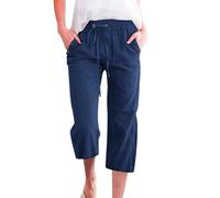 Women's Cropped Trousers Solid Color 3/4 Length Elastic Waist Lounge Pants Comfy Soft Cotton Linen Crop Trouser Three Quarter Loose Casual Capri for Ladies UK n11 Navy