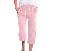 Women's Cropped Trousers Solid Color 3/4 Length Elastic Waist Lounge Pants Comfy Soft Cotton Linen Crop Trouser Three Quarter Length Loose Casual Capri Pants for Ladies UK