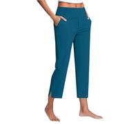 Womens Cropped Trousers Solid Color Elasticated Waist Yoga Pants for Women with Pockets Summer Lightweight Breathable Straight Leg Joggers Stretch Casual Holiday Capri Trousers Blue