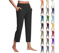 Womens Cropped Trousers Solid Color Elasticated Waist Yoga Pants for Women with Pockets Summer Lightweight Breathable Straight Leg Joggers Stretch Casual Holiday Capri Trousers Black