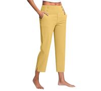 Womens Cropped Trousers Solid Color Elasticated Waist Yoga Pants for Women with Pockets Summer Lightweight Breathable Straight Leg Joggers Stretch Casual Holiday Capri Trousers Yellow