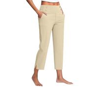 Womens Cropped Trousers Solid Color Elasticated Waist Yoga Pants for Women with Pockets Summer Lightweight Breathable Straight Leg Joggers Stretch Casual Holiday Capri Trousers Beige