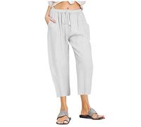 Womens Cropped Trousers Solid Color Summer Cotton Linen 3/4 Pants Drawstring Elasticated Waist Casual Trouser Wide Leg Three Quarter Lounge Pants Capris with Pockets