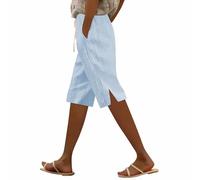 Womens Cropped Trousers Summer Casual Drawstring Cotton Linen Elastic Waist Capri Pants Holiday Comfy Striped Lounge Beach 3/4 Length Trousers with Pockets Light Blue