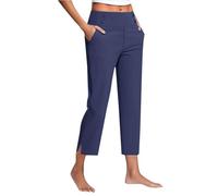 Women's Cropped Trousers UK Ladies High Waisted Capri Pants Staight Leg Bottoms Plain Stretch Leggings Summer Chinos Joggers with Pockets Elegant Work Trouser Holiday Business Workwear Dark Blue M