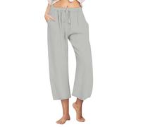 Womens Cropped Trousers UK Summer Solid Color Elasticated Waist Linen Trousers Ladies Summer Straight Wide Leg Lounge Pants with Pockets Lightweight Comfy Casual Work Bottoms
