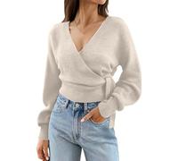 Women's Cropped V Neck Knitted Jumpers Wrap Front Long Sleeve Tie Waist Top Soft Knit Pullover for Casual Daily Wear Loose Fit Fashion Blouse Fashion Ceremony Sweater Everyday Outings M Beige