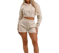 Women's Cropped Zip Hoodie & Shorts Co-Ord Set - Clara Belle Casual Loungewear (UK, Alpha, L, Regular, Short, Beige)