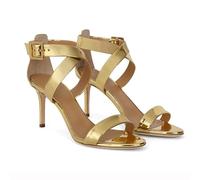 Women's Cross Ankle Strap Heeled Sandals Round Open Toe Mid Stiletto Heel Comfortable Patent Leather Summer Dress Shoes Elegant Wedding Party Sandles,Gold,3 UK