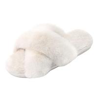 Women's Cross Band Slippers Soft Plush Furry Cozy Open Toe House Shoes Indoor Outdoor Faux Rabbit Fur Warm Comfy Slip On Breathable