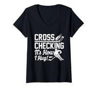 Womens Cross Checking It’s How I Hug Funny Ice Hockey Winter Sport V-Neck T-Shirt
