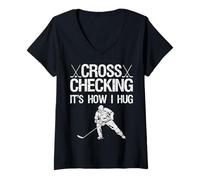 Womens Cross Checking It's How I Hug Funny Hockey Player V-Neck T-Shirt