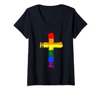 Womens Cross in rainbow colors, Gay Pride, Christian religious V-Neck T-Shirt