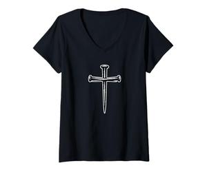 Women's Cross Made of Nails Christian Nail Cross V-Neck T-Shirt