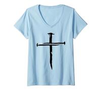 Womens Cross made out of Nails Christian Faith Jesus Christianity V-Neck T-Shirt