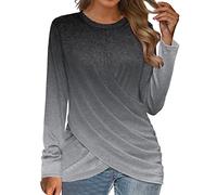 Women's Cross Over Tops Gradient Colour Crew Neck Blouse Tops Elegant Long Sleeve T Shirts Fashion Twist Front Pullover Tunic Tops Loose Fit Casual Prime Offers of The Day Grey