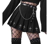 Womens Cross Print Pleated Skirt Black Goth Punk Skirts with Belt and Chain A-Line Mini Skirt, 1 Black, M