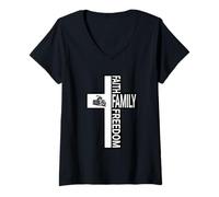Womens Cross with Faith Family Freedom Christian Motorcycle Dad V-Neck T-Shirt