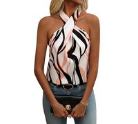 Women's Cross Wrap Halter Tops Geo Print Sleeveless Summer Dressy Blouse Shirts