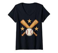 Women's Crossed Baseball Bats Ball Stars Sport Graphic V-Neck T-Shirt