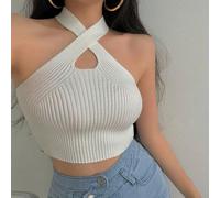 Women's Crossed Off-Shoulder Halter,Top, High Elasticity Knitted Crop Vest, Solid Color Sleeveless Shirt,For Casual Party Daily Wear(Uniform code White)