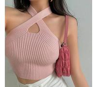 Women's Crossed Off-Shoulder Halter,Top, High Elasticity Knitted Crop Vest, Solid Color Sleeveless Shirt,For Casual Party Daily Wear(Uniform code Pink)