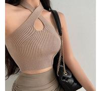 Women's Crossed Off-Shoulder Halter,Top, High Elasticity Knitted Crop Vest, Solid Color Sleeveless Shirt,For Casual Party Daily Wear(Uniform code Khaki)