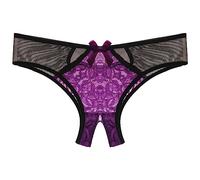 Women's Crotchless Panties Flattering Sexy Breathable Thongs Underwear for Women Tummy Control Color Block Soft Briefs Cutout Mesh See Through Low Waist Lace G String Tangas Cute Purple
