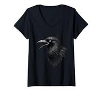 Womens Crow illustration raven art bird of mystery animal feather V-Neck T-Shirt