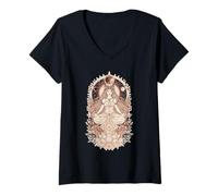 Womens Crowned Goddess Meditating Lotus Moon Yoga Flowers V-Neck T-Shirt