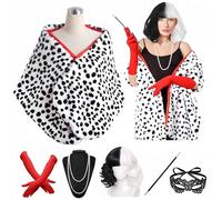 Women's Cruella Deville 6 Pieces Short Dalmatian Print Shawl Red Gloves Pearl Necklace Halloween Costume One Size 5Pcs Set