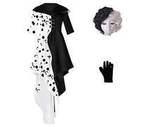 Womens Cruella Deville Costume Dress Cruella Jacket Coat with Gloves 2021 Halloween Cosplay Full Set Outfits 2XL