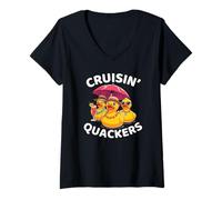 Womens Cruisin’ Quackers Cruise Ducks Cocktails Umbrella Sunglasses V-Neck T-Shirt