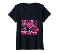 Womens Crush Breast Cancer Pink Ribbon Monster Truck Awareness V-Neck T-Shirt